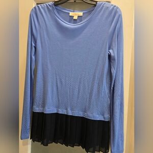 Michael Kors Blue & Black Crewneck Long Sleeve Knit Jersey Top w/Pleated Hem, XS
